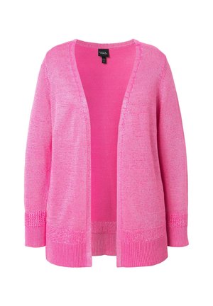 Cárdigan de punto rosa con escote en V, abertura frontal y puños acanalados. Patrón texturizado en toda la prenda con un detalle de acento en el dobladillo.