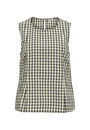 Ermeløs svart og beige rutete bluse med rund hals og liten knappelukking bak.
