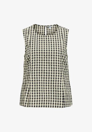 Ermeløs svart og beige rutete bluse med rund hals og liten knappelukking bak.