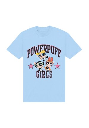 Lichtblauwe katoenen t-shirt met de tekst "Powerpuff Girls" en drie cartoonfiguren met zwarte omtrek en roze steraccenten.