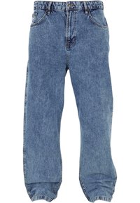 Light blue denim jeans with a relaxed fit, featuring an elasticated cuff, five pockets, and a classic five-belt loop design.