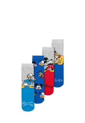 Quattro paia di calzini con personaggi Disney. Cotone testurizzato, grigio, blu, rosso; ogni paio presenta diversi disegni di personaggi.