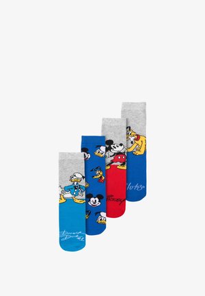 Four pairs of socks featuring Disney characters. Textured cotton, gray, blue, red; each pair displays different character designs.