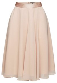 Lyserød midi-nederdel med satinbånd i taljen, flydende design og glat, letvægtsstof, der falder elegant. Lynlås bagpå.