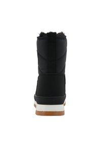 Botte isolante noire avec un col doux et en fourrure, semelle en caoutchouc, semelle intermédiaire blanche et un design élancé. L'arrière présente des coutures verticales.