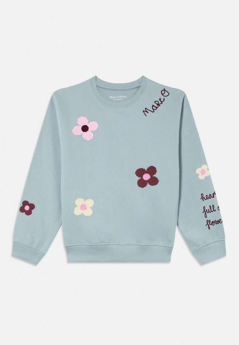 Jasnoniebieski sweatshirt z kwiatowym haftem w odcieniach różu, fioletu i kremu. Na rękawie znajduje się tekst "serce pełne kwiatów". Okrągły dekolt.