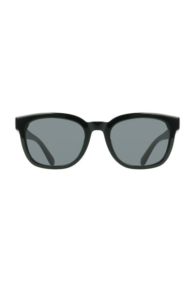 Black sunglasses with a rectangular frame, gray tinted lenses, and smooth plastic material. No visible branding or additional accents.