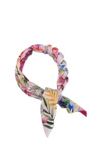 Chustka w plecionkę z kwiatowym wzorem, wykonana z miękkiego materiału w różnorodnych kolorach, w tym różowym, żółtym, zielonym i niebieskim. Zakończona związanym węzłem.
