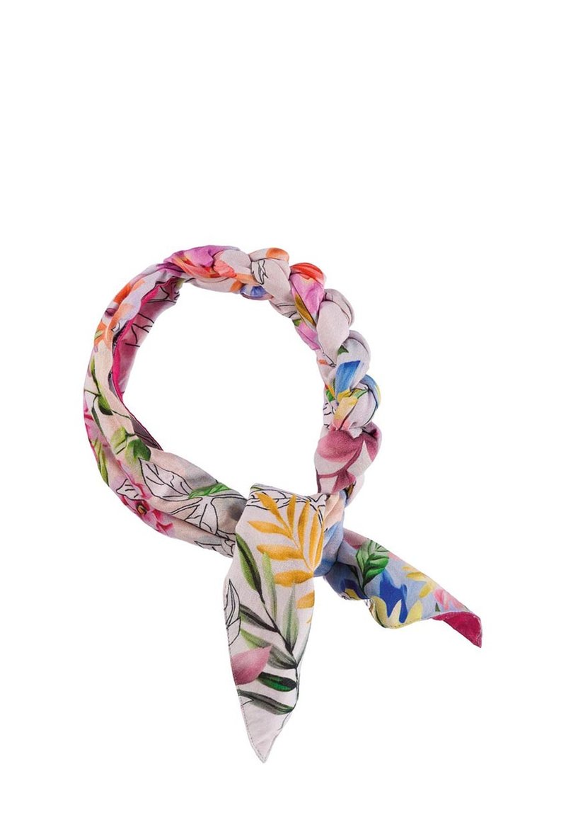 Chustka w plecionkę z kwiatowym wzorem, wykonana z miękkiego materiału w różnorodnych kolorach, w tym różowym, żółtym, zielonym i niebieskim. Zakończona związanym węzłem.