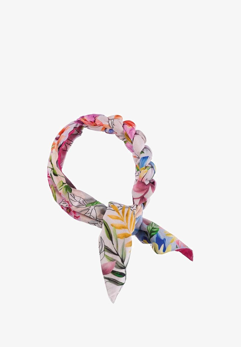 Chustka w plecionkę z kwiatowym wzorem, wykonana z miękkiego materiału w różnorodnych kolorach, w tym różowym, żółtym, zielonym i niebieskim. Zakończona związanym węzłem.