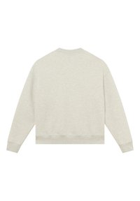 Sudadera gris claro, mezcla de algodón, cuello redondo, puños y dobladillo acanalados, textura suave, diseño minimalista sin logotipos ni patrones visibles.