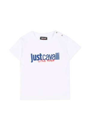 Maglietta bianca per neonati a maniche corte con scritta blu "Just Cavalli" e rossa "Little Rogue", bottoni a pressione sulle spalle e scollo tondo.