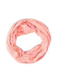 Écharpe infinie corail avec un motif léopard subtil en nuances de rose, confectionnée dans un tissu léger et doux pour le confort et le superposition.