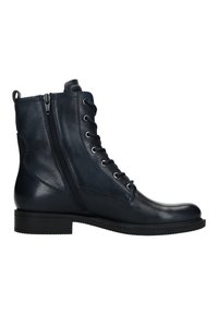 Marineblauwe leren enkelboots met een ronde neus, zijrits en vetersluiting aan de voorkant. Stevige zool met een lage blokhak en een gladde afwerking.