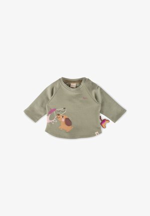 Langärmeliges Babyshirt in Olivgrün mit zwei illustrierten Hunden auf der Vorderseite, einer trägt eine pinke Baskenmütze und der andere hat Schlappohren.