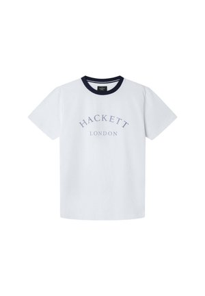 Weißes Baumwoll-T-Shirt mit runder marineblauer Halskante und kurzen Ärmeln, mit dem Schriftzug "HACKETT LONDON" in hellblauem, gebogenem Text auf der Vorderseite.
