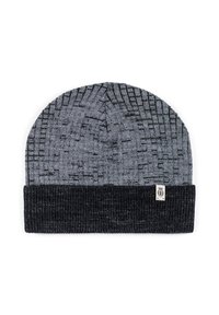 Knitted beanie in gray and black. Features a textured pattern and a folded ribbed cuff. Includes a small logo label on the cuff.