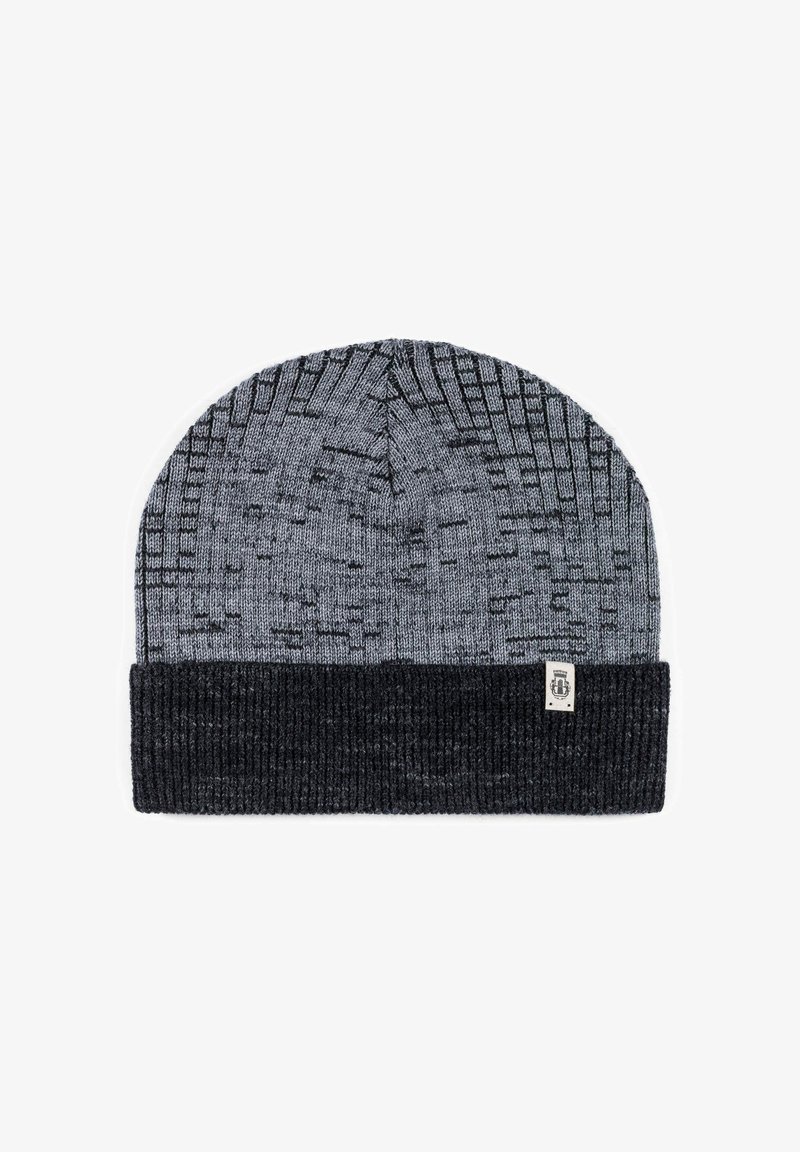 Knitted beanie in gray and black. Features a textured pattern and a folded ribbed cuff. Includes a small logo label on the cuff.