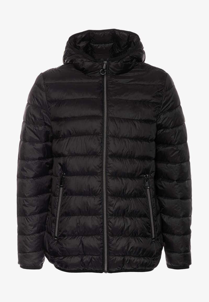 Giacca imbottita nera con cappuccio, trapuntata, con cerniera frontale e due tasche laterali con zip, progettata per il freddo.