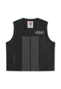 Schwarze Zip-Up-Weste mit zwei vertikalen grauen Streifen, zwei Seitentaschen und dem „Ed Hardy EST. 1971“-Logo auf der Brust sowie einem Etikett im Kragen.