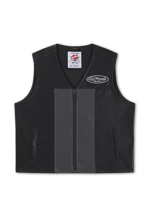 Veste noire zippée avec deux bandes verticales grises, deux poches latérales et le logo « Ed Hardy EST. 1971 » sur la poitrine et une étiquette à l'intérieur du col.