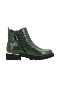 Bottine en cuir vert foncé embossé croco avec fermeture éclair noire, semelle noire et accent doré au talon.