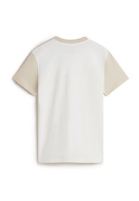 Short-sleeve t-shirt in white with beige accents on shoulders, featuring a crew neckline and soft fabric texture. Simple, clean design.