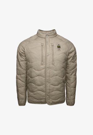 Beige quilted jacket featuring a stand collar, front snap closures, and two zippered pockets, made of textured, lightweight material.