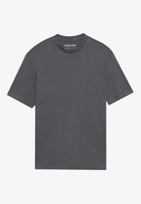 Graues Baumwoll-T-Shirt mit kurzen Ärmeln, Rundhalsausschnitt und lässiger Passform. Hat ein einfaches Design ohne Muster oder Akzente.