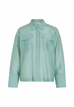 Mintgrüne Hemdjacke, leichte Satintextur, mit durchgehender Knopfleiste, zwei Brusttaschen und langen Ärmeln mit breiten Manschetten.