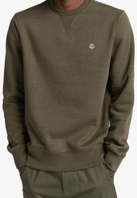 Felpa khaki con scollo rotondo, polsini e orlo a costine; presenta un piccolo logo sul petto; tessuto morbido e con texture.