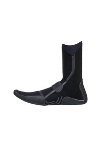 Black neoprene boot designed for water activities, featuring a textured sole, reinforced toe, and adjustable ankle strap for secure fit.