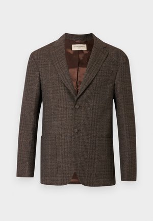 Brown checked blazer with two buttons, notched lapels, two front pockets, and a brown satin lining. Textured wool blend fabric.