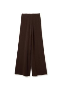 Brown wide-leg trousers made from a soft, textured fabric. Features an elastic waistband and a floor-length silhouette. No visible patterns.