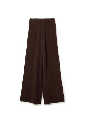 Pantalons larges marron fabriqués à partir d'un tissu doux et texturé. Dotés d'une taille élastique et d'une silhouette longue jusqu'au sol. Aucun motif visible.