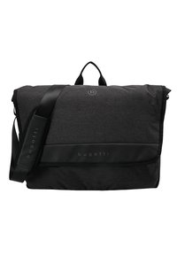 Borsa a messenger nera con tessuto testurizzato, design elegante, tracolla regolabile e manico superiore. Presenta un logo discreto e dettagli lisci.