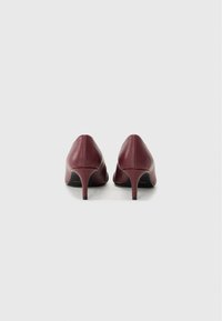 Scarpe con tacco alto in pelle bordeaux, con punta appuntita e tacco sottile, caratterizzate da una texture liscia e un design minimalista.