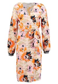 Blomsterklänning med livfulla orange, rosa och svarta mönster på en ljus beige bakgrund. Långa ärmar med en knytning i midjan.
