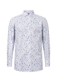 Een lichtblauw en wit, met bloemenpatroon, langemouwenshirt, met een button-down kraag en knopen aan de voorkant, gemaakt van een zachte, lichte stof.