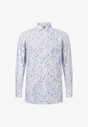 Langärmliges Hemd mit floralem Muster in Hellblau und Weiß, ausgestattet mit einem Button-Down-Kragen und Vorderknöpfen, aus einem weichen, leichten Stoff gefertigt.
