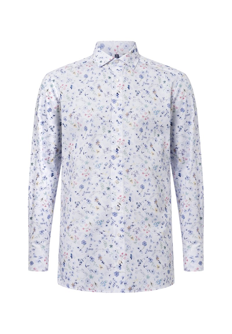Een lichtblauw en wit, met bloemenpatroon, langemouwenshirt, met een button-down kraag en knopen aan de voorkant, gemaakt van een zachte, lichte stof.