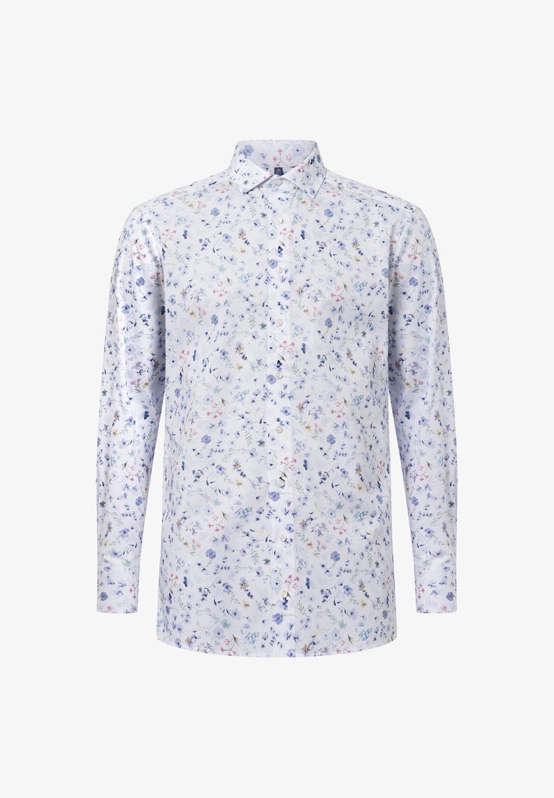 Camicia a maniche lunghe con motivo floreale in azzurro chiaro e bianco, con colletto button-down e bottoni frontali, realizzata in un tessuto morbido e leggero.