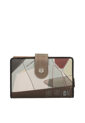 Portafoglio in pelle pieghevole con motivo geometrico astratto, chiusura a scatto con bottone decorativo e testo "LA VITA CONTINUA" sul davanti.
