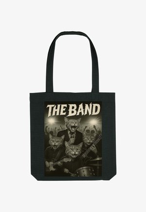 Zwarte tote bag met een grafisch ontwerp van vier katten gekleed als een band. Het ontwerp bevat details van zingen, gitaar en drums.