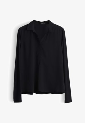 Chemise noire à manches longues avec un col et un décolleté en V. Fabriquée dans un tissu lisse, elle présente une coupe décontractée et un ourlet droit.