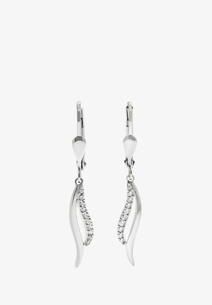 Zilveren oorbellen met een golvend ontwerp, voorzien van heldere kristallen aan één kant, met een sluiting met scharniertype voor veilige draagbaarheid.