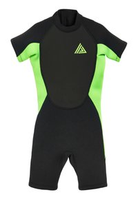 Fekete és neonzöld neoprénből készült rövid ujjú búvárruha, elülső cipzárral és megerősített varrással. Vízisportokhoz alkalmas.