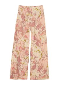 Floral wide-leg pants in pink, cream, and green hues; made of textured fabric with an elastic waistband and a soft, flowing design.