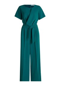 Teal jumpsuit met korte mouwen, wikkelontwerp aan de voorkant, riem in de taille en een wijde pijpen snit. Glad fabric met een effen kleur, geen patronen.