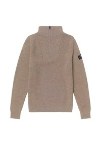 Beige gestreifter Pullover mit hohem Kragen und Viertelreißverschluss. Hat lange Ärmel und ein kleines Logo-Patch am linken Ärmel.